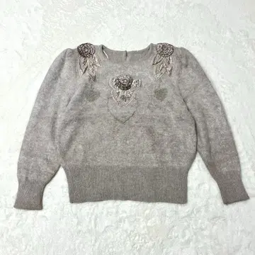 레트로 구제 의류 니트 스웨터 모헤어 비쥬 자수 퍼프 슬리브 숏