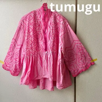 tumugu 컷워크 자수 블라우스 핑크