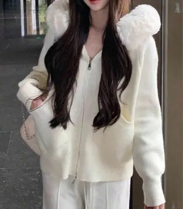 [ SHEIN ] 화이트 퍼 트리밍 집업 후드티 애프리콧 M