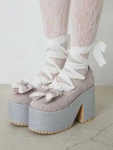 Ank Rouge 트위드 발레코어 통굽 신발 핑크 S