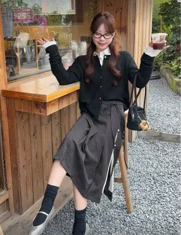 그레이 플리츠 롱 스커트 랩