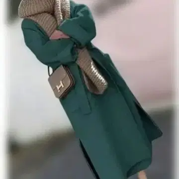 그린 롱 코트 울 혼방 소재
