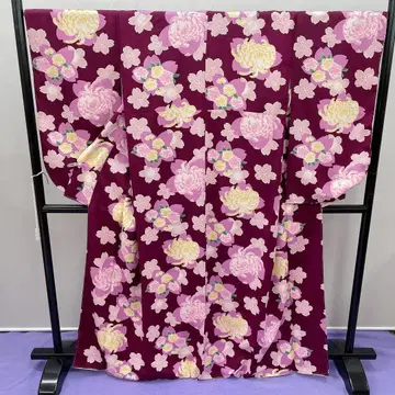 3609 소매 단품 이중 기모노 어두운 적자색 꽃무늬 폴리에스테르