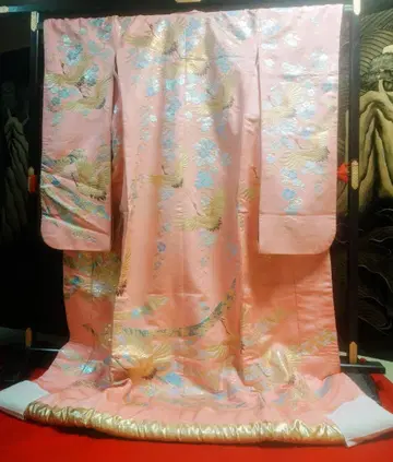 핑크 학 무늬 실크 기모노