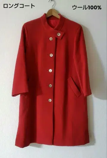 빨간색 울 롱 코트 울 100%