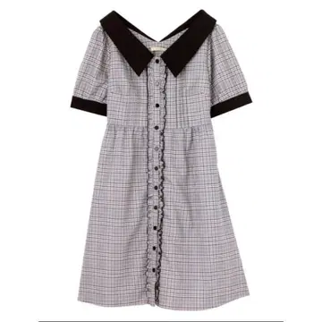 EATME 이토미 오픈 카라 데콜테 원피스 체크 무늬