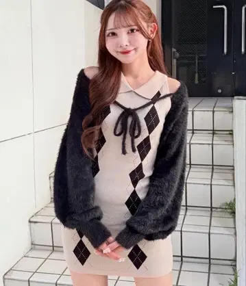 NOMAE 노마에 아가일 니트 원피스 x 볼레로 세트