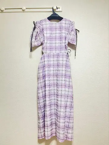 퍼플 체크 반팔 롱 원피스