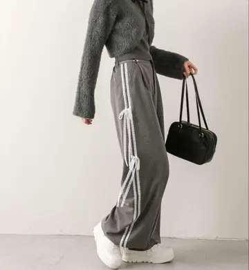 올리브 사이드 라인 와이드 슬랙스 팬츠 차콜 그레이