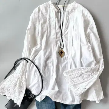 누키테파 스키퍼 블라우스 레이스 소매 플레어 긴팔