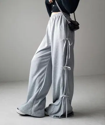 그레이 사이드 리본 와이드 팬츠
