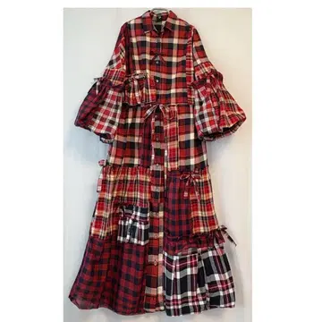 3 빈티지 스타일 빨간색 체크 패치워크 리메이크 셔츠 원피스 벌룬 소매