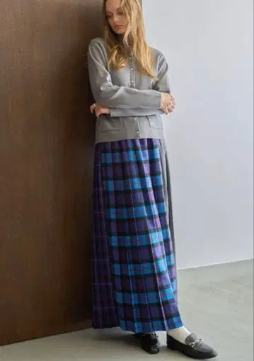 아메리칸 홀릭 플리츠 롱 스커트 보라색 파랑 체크