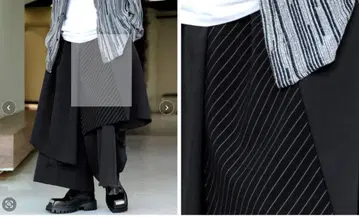 루즈 실루엣 레이어드 스트라이프 절개 스커트 와이드 드레이프 하카마 팬츠