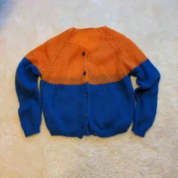 [새상품급] 오렌지와 블루의 바이컬러 니트 가디건 보송보송 모헤어 귀여운