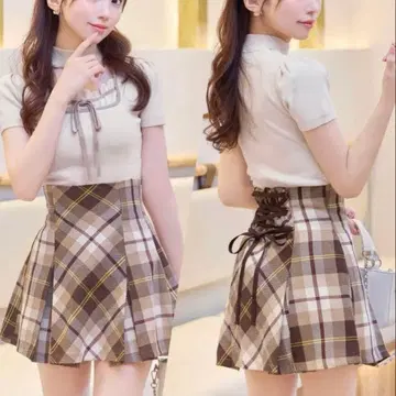 미셸 마카롱 플레어 체크 스커트