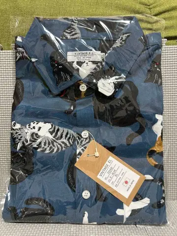 VINTAGE EL 고양이 패턴 블루 셔츠 XL