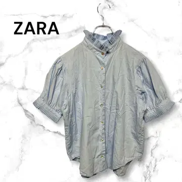 자라 반팔 셔츠 라이트 블루 S 사이즈 블라우스 턱 처리 앞 버튼