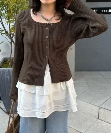 Kastane 레이스 스퀘어 2WAY 리브 니트 브라운