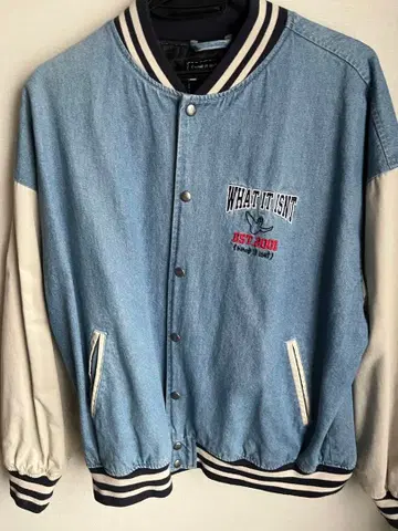 WHAT IT ISN'T 데님 바시티 자켓