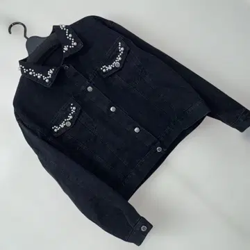 펄 장식 데님 자켓 G 블랙