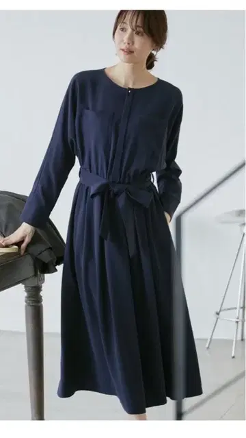 네이비 긴팔 원피스 허리 리본 포함