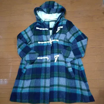 체크 무늬 후드 부착 더플 코트