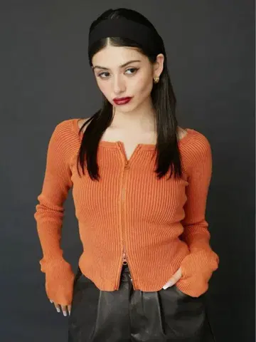EVRIS 지퍼 오프숄더 니트탑 오렌지