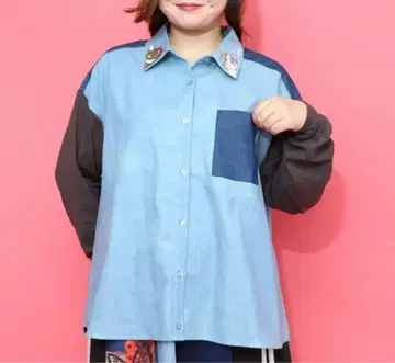 [스칼라] 옷깃 자수 이소재 절개 셔츠