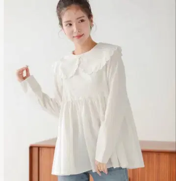 fit more 스캘럽 칼라 페플럼 롱 슬리브 블라우스