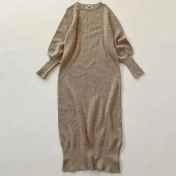 바빌론 야크 혼방 볼륨 슬리브 니트 롱 원피스 베이지 골지