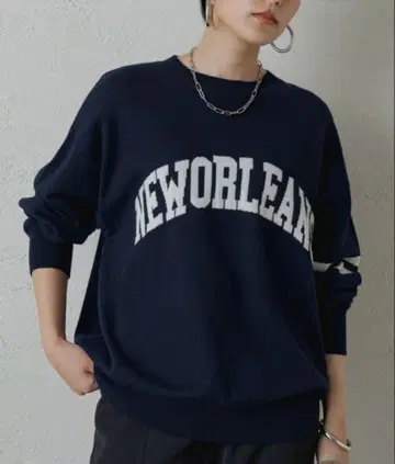 라운지 드레스 로고 라인 니트 네이비 크루넥 울