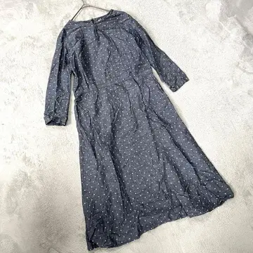 새상품급 [펠리시모] (M) 도트 무늬 롱 원피스 린넨 혼방 데님 그레이