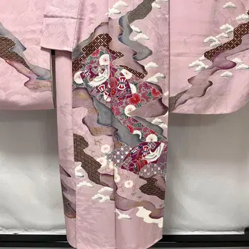 C987 순수 실크 후리소데 금박 기모노