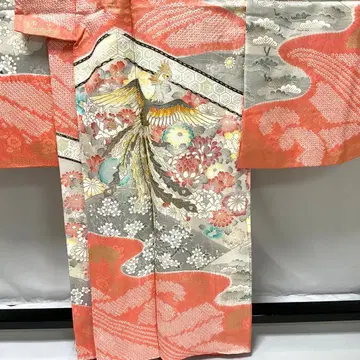 C988 순수 실크 후리소데 봉황 시보리 금채 금은사 기모노