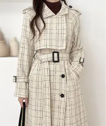 허리 마크 케이프 디자인 트위드 롱 코트