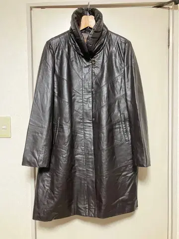 진한 갈색 가죽 여성용 롱 코트 스탠드 카라