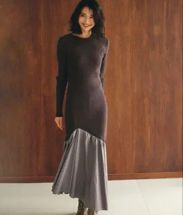 프레이 아이디 비대칭 절개 리브 니트 콤비 원피스