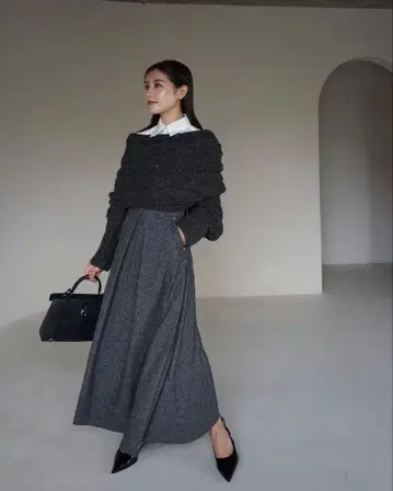 Off shoulder Hand knit Tops Dark Gray