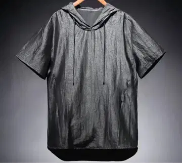 후드 부착 블랙 티셔츠 반팔