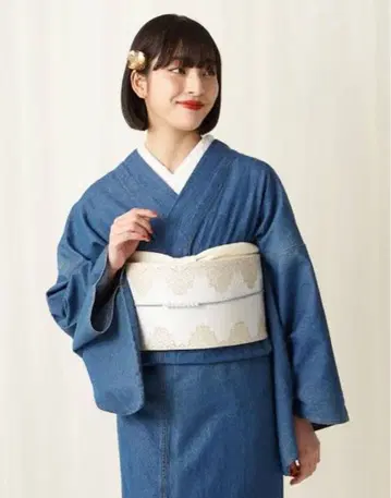 후리후 워셔블 데님 기모노 코튼 블루