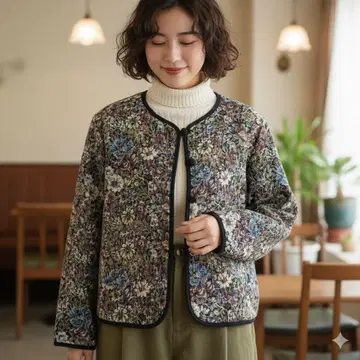 시즌 클로젯 차이나 버튼 레트로 꽃무늬 노카라 자켓 긴팔