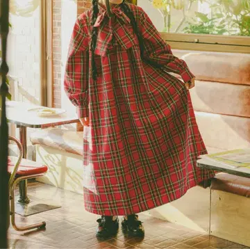 쿠티르와 레트로 보타이 프릴 체크 원피스 S 사이즈