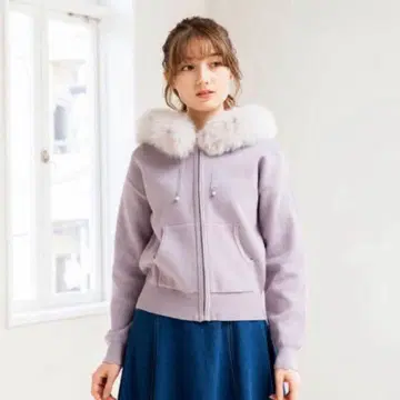 미슈마슈 인조 모피 후드티 가디건 니트 라벤더