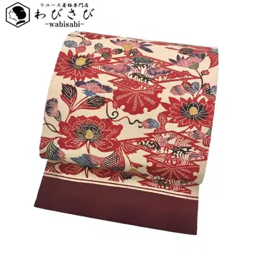 나고야 오비 형염 송피능화 꽃 무늬 미색 크레이프 원단 O-5465