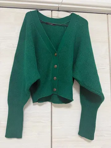 리브 편직 그린 가디건