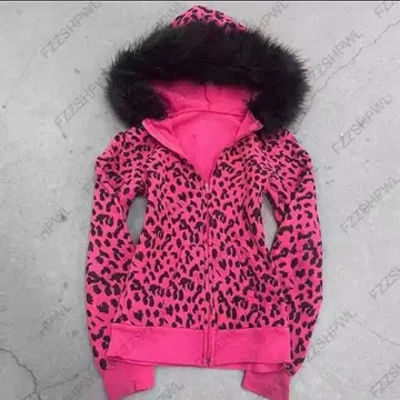 레오파드 표범 무늬 퍼 달린 지퍼 후드티 헤이세이 갸루 펑크 스타일
