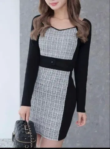 LIP SERVICE 긴팔 미니 원피스 트위드 블랙 화이트 S