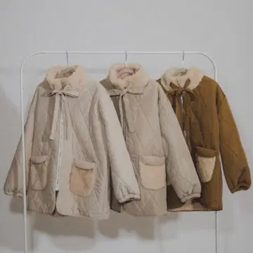 teddymoon 퀼팅 자켓 브라운 보아 옷깃