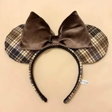 디즈니 미니 리본 체크 무늬 머리띠 브라운
